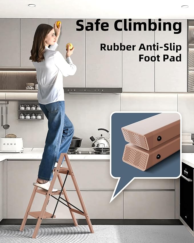 HillhutApex 3 Step Stool, Aluminum Foldable Step Ladder, Lightweight Stable Stool with Wide Non-Slip Pedals, 330lbs Bearing Capacity Ladder for Office,Home,Kitchen - Light Pink