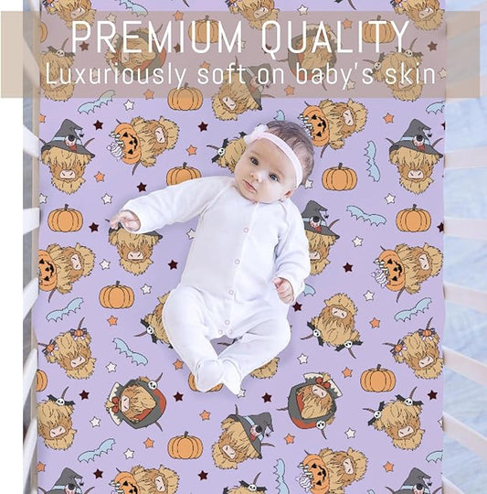 Highland Cow Halloween Baby Crib Sheets for Boy Girl Western Cowboy Fall Pumpkin Bats Soft Snug Fitted Crib Mattress Covers for 52''x28'' Standard Crib & Toddler Mattress Spooky Farm Animal Bed Sheet
