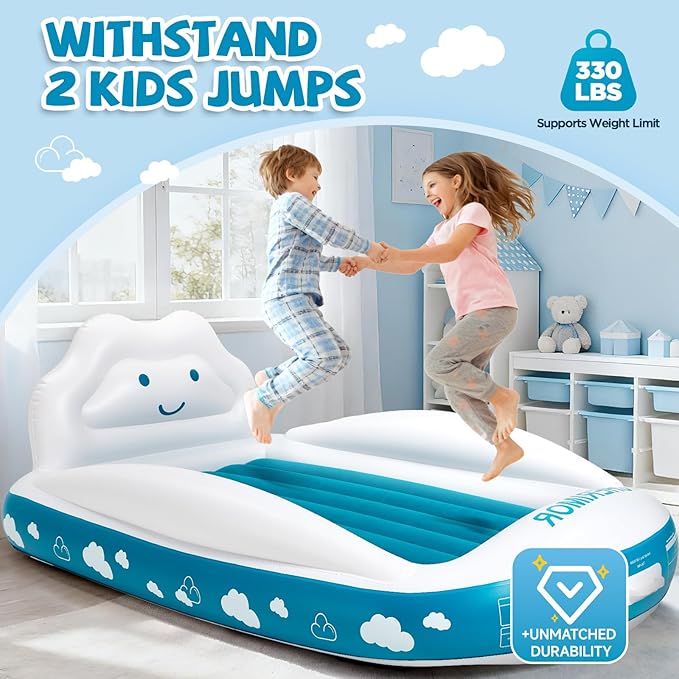 Inflatable Toddler Travel Bed, Portable Toddler Bed with 4-Sides Safety Bumpers & Fast Auto Inflation Pump, Kids Air Mattress for Travel Camping, Grandma's Home Sleepovers Blow Up Mattress