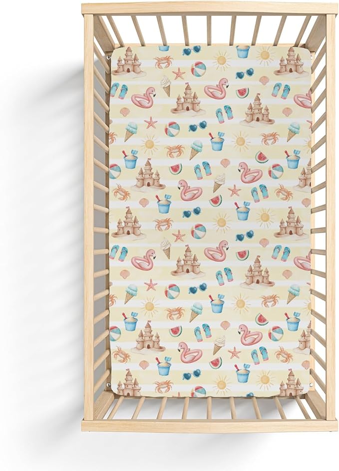 Summer Beach Seaside Baby Crib Sheets for Boy Girl 52x28Inch Ice Cream Sand Flamingo Sun Soft Snug Fitted Crib Mattress Cover Boho Travel Vacation Baby Sheet for Standard Crib & Toddler Bed Mattress