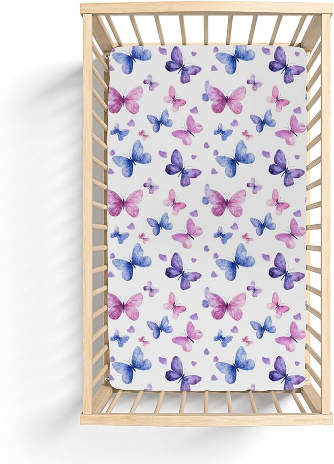 Purple and Pink Butterflies Baby Crib Sheets for Boy Girl 52x28 Watercolor Butterflies Soft Stretchy Fitted Crib Mattress Cover Colorful Butterflies Baby Sheet for Standard Crib and Toddler Mattress