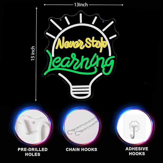LYUODRE Never Stop Learning Neon Sign Letter neon signs for Wall Decor 5V USB Powered & Dimmable Student LED Neon Lights for Classroom, Study, Office Decoration(15x13in)(Yellow, Green, Cool White)