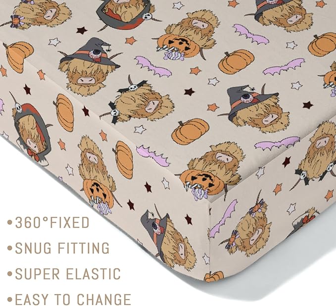 Highland Cow Halloween Baby Crib Sheets for Boy Girl Western Cowboy Fall Pumpkin Bats Soft Snug Fitted Crib Mattress Covers for 52''x28'' Standard Crib & Toddler Mattress Spooky Farm Animal Bed Sheet