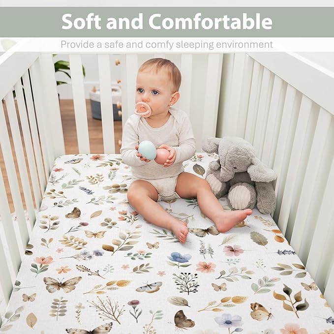 Botanic Gardens Baby Crib Sheets for Boy Girl 52"x28" Beige Floral Butterflies Soft Stretchy Fitted Crib Mattress Covers Boho Spring Wildflowers Leaves Baby Sheet for Crib and Toddler Bed Mattresses