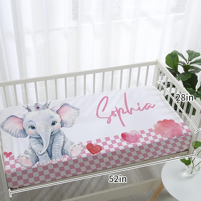 Personalized Baby Crib Bedding Set: 4 Piece Custom Pink Checkered Elephant Crib Bed Set with Name, Nursery Bedding Set for Baby Girls, Newborn Boys Crib Sets, Crib Bedding Custom Gift, Crib Sheet