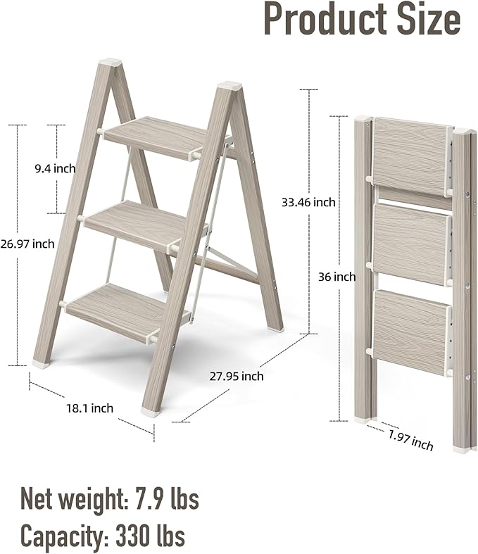 Mayi Plus 3 Step Ladder,Aluminum Folding Step Stool for Adults,Step Ladder with Wide Anti-Slip Pedal,330 lbs Capacity for Home,Kitchen,Library,Office(Fir Woodgrain)