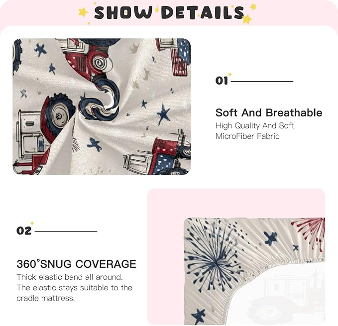 Tractors July 4th Fireworks and Stars Crib Sheets Standard Crib Toddler Mattresses Cover Fitted Baby Bed Sheet Breathable Crib Mattress Sheet for Girls Boys 52" x 28"x5''