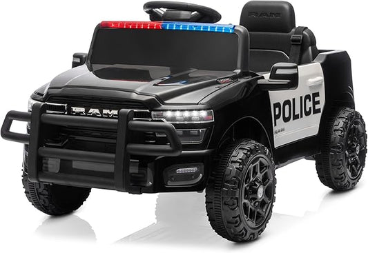 Kidzone Ride On Truck for Kids, Licensed RAM 3500 12V Battery Powered Electric Car Toy with Remote Control, LED Lights, Bluetooth Music & Rear Suspension - Black w/Police Design