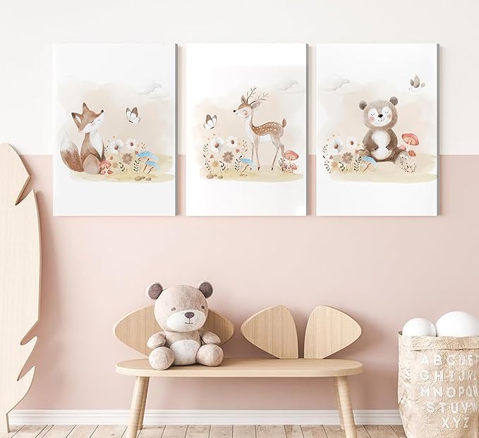 MIZILI Woodland Animal Nursery Canvas Wall Art Wild Watercolor Animals Paintings Pictures Wall Decor Fox Bear Deer Poster Printing Artwork for Boys Room Girls Room Home Decoration