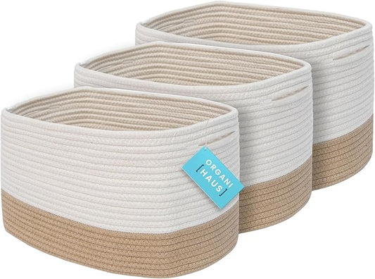 OrganiHaus Set of 3 Woven Storage Baskets for Shelves, Decorative Organizer Bins for Closet & Bathroom, Multipurpose Home Organization Baskets, Toy Storage Basket - Honey/Off-White, 15x9x10 inches