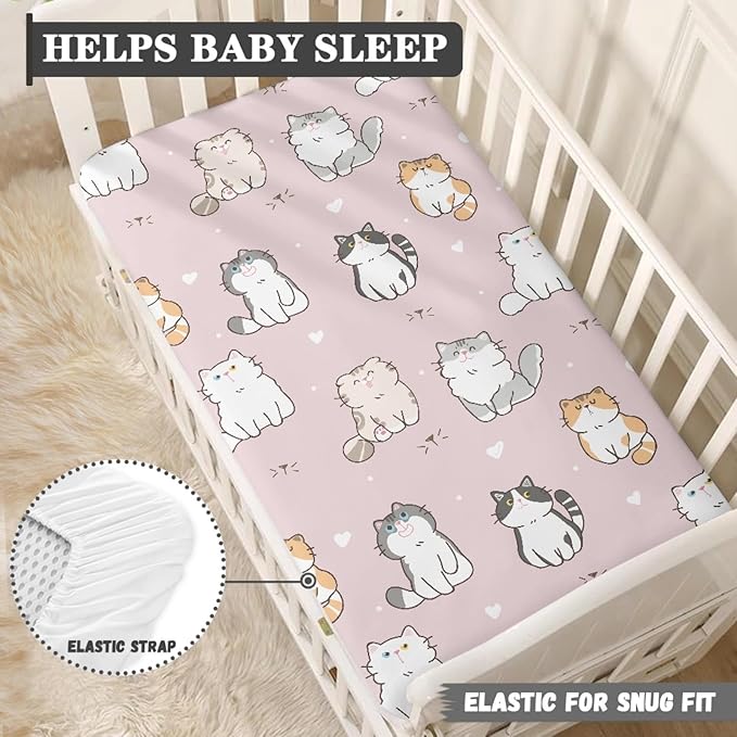 Cartoon Cat Fitted Crib Sheet Pink Cat Baby Crib Sheet Fit Standard Crib and Toddler Mattress,Crib Mattress Sheets for Boys Girls 28"x52"