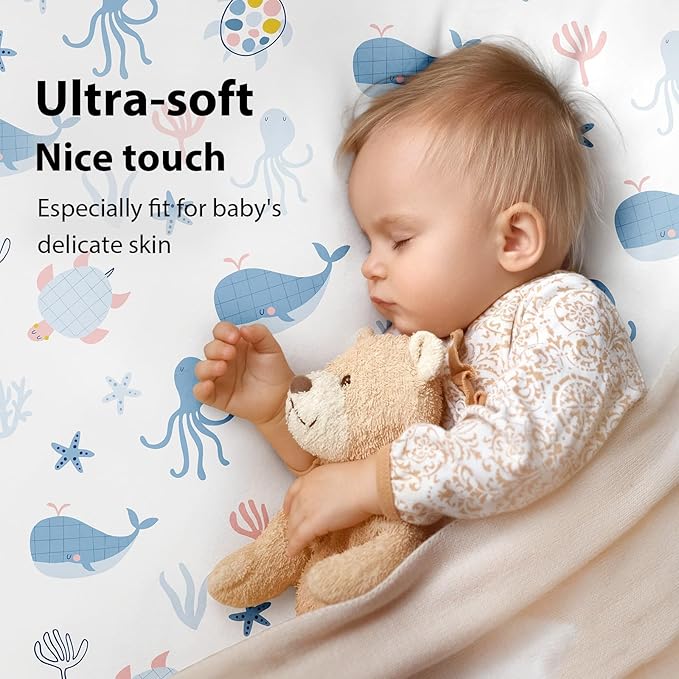 Baby Crib Sheets for Boys and Girls, 3 Pack Toddler Bed Sheets for 52”x28” Standard Toddler Mattresses, Soft Microfiber Fitted Crib Sheets Neutral Blue Ocean Whale