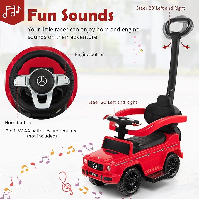 Costzon Push Car for Toddlers, 3 in 1 Mercedes Benz Stroller Sliding Walking Car w/Canopy, Handle, Armrest Guardrail, Underneath Storage, Horn, Foot-to-Floor Ride On Toy for Boys Girls, Red