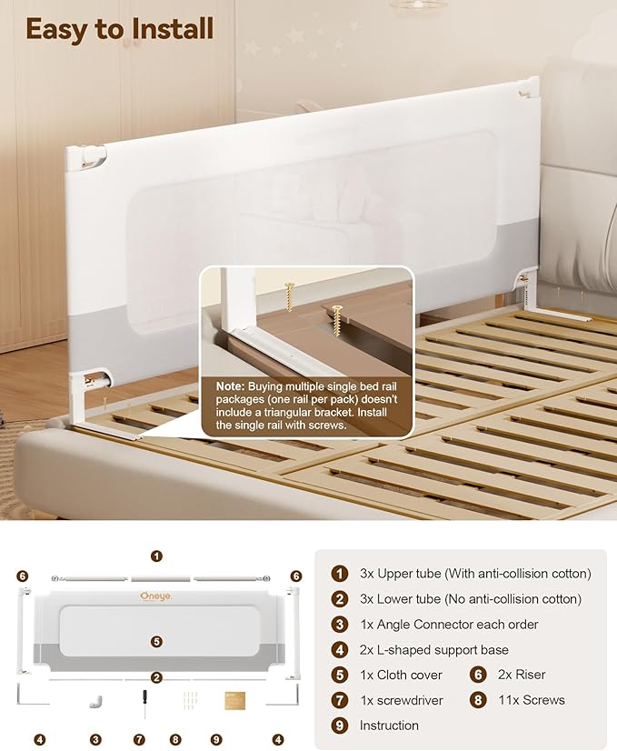 Baby Bed Rail Guard for Toddlers, Reinforced 60in Toddler Bed Rails for Queen Bed with Height Adjustable, Extral Tall Child Safety Side Railing Guards/Bedrail for Kids,White/Grey, 1 Side 54" Lx28 H