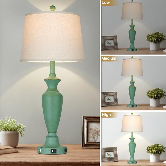 Cinyirong 30" Tall Metal Table Lamps Set of 2, Touch Control Bedside Lamps for Bedroom Nightstand, 3-Way Dimmable Farmhouse Lamp for Living Room with Charging Ports, Retro Green (2 LED Bulbs Included)