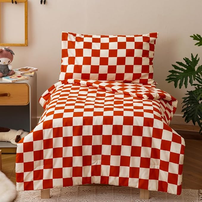 CLOTHKNOW Plaid Toddler Bedding Sets for Boys Girls, 4Pieces Rust Beige Grid Pattern, Soft Crib Bed Set Including Comforter, Flat Sheet, Fitted Sheet and Pillowcase, Rust Beige