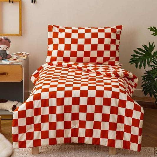 CLOTHKNOW Plaid Toddler Bedding Sets for Boys Girls, 4Pieces Rust Beige Grid Pattern, Soft Crib Bed Set Including Comforter, Flat Sheet, Fitted Sheet and Pillowcase, Rust Beige