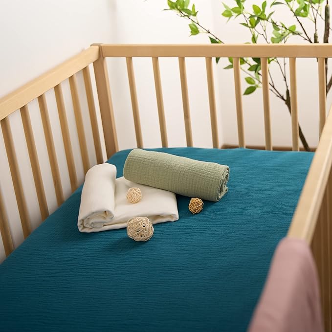 Meracorallo Muslin Fitted Crib Sheet, Soft and Breathable Solid Color Baby Crib Sheet for Standard Crib and Toddler Mattresses (Teal Blue)