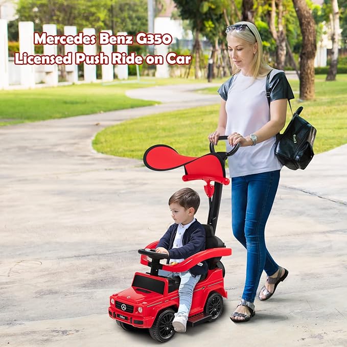 Costzon Push Car for Toddlers, 3 in 1 Mercedes Benz Stroller Sliding Walking Car w/Canopy, Handle, Armrest Guardrail, Underneath Storage, Horn, Foot-to-Floor Ride On Toy for Boys Girls, Red