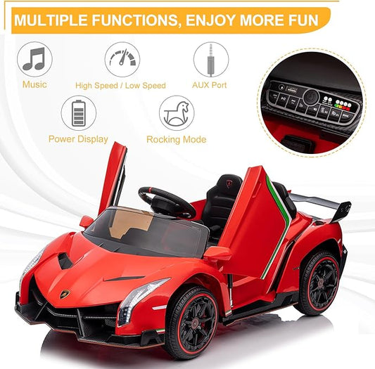 Winado 12V Ride on Car, Electric Vehicle Licensed Lamborghini Veneno for Kids, Battery Powered Car Toy w/Parent Control, Hydraulic Doors, 3 Speeds, LED Headlights, Horn, Engine Sounds - Red