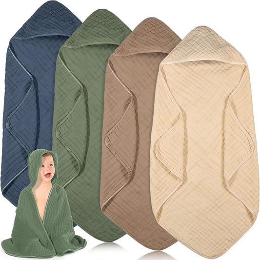 Peryiter 4 Pcs Muslin Hooded Baby Towels, 32x 32'' Cotton Newborn Bath Towel Muslin Infant Baby Blankets Absorbent Unisex Christmas Registry Gift Essentials for Girls Boys (Green)