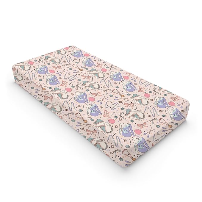 Cute Girl Gymnastics Baby Changing Pad Cover Sheets for Girls 32''x16'' Gymnast Ball Ribbon Floral Fitted Diaper Changing Table Sheets Comfort Soft Breathable Baby Change Table Mats Covers Pink