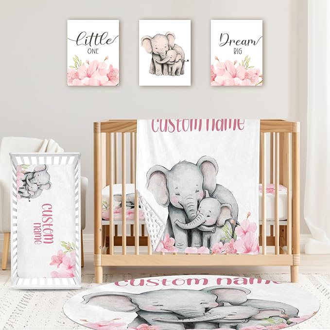 Custom Baby Crib Bedding Set,Personalized Name Pink Flower Elephant Nursery Bed Set 4 Piece,Baby Blanket Fitted Sheet Nursery Rug Wall Art Set,Custom Room Decor Idea Gift for Newborns Boys Girls