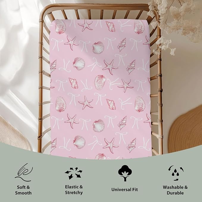 Summer Conches Bows Sea Baby Crib Sheets for Boy Girl 52"x28" Ocean Seashells Beach Soft Snug Fitted Crib Mattress Covers Boho Nautical Life Baby Sheet for Standard Crib and Toddler Bed Mattress Pink