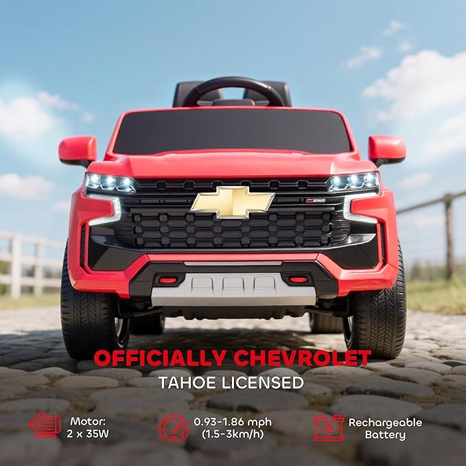 Aosom Licensed Chevrolet Tahoe Ride On Car, 12V 7AH Battery Power Ride On Toy with Parent Remote Control, LED Lights, Music, 4 Wheeler Suspension, 3 Speeds, Kids Electric Vehicle for Aged 3+, Red