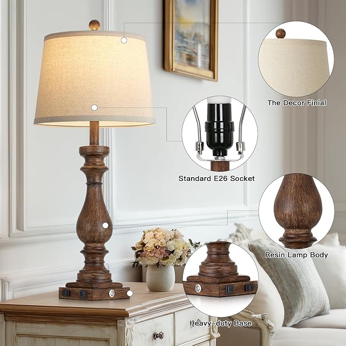 luxeflow 29" Tall Vintage Table Lamps Set of 2,Farmhouse Bedside Lamps with USB C+A Ports & AC Outlet,3-Way Dimmable Touch Lamp for Night Stands Living Room Bedroom,Brown