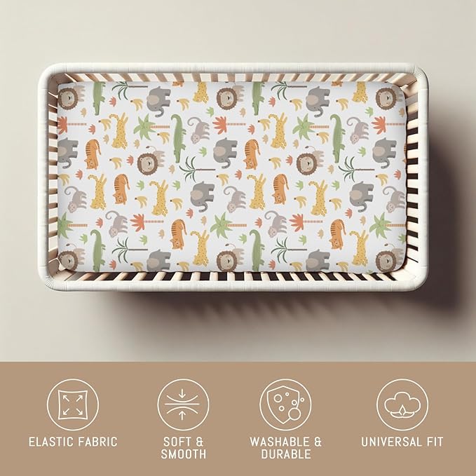 Jungle Safari Animal Baby Crib Sheets for Boys Girls Cute Lion Leopard Elephant Monkey Soft Snug Fitted Crib Mattress Covers for 52''x28'' Standard Crib & Toddler Mattress Safari Adventure Bed Sheets