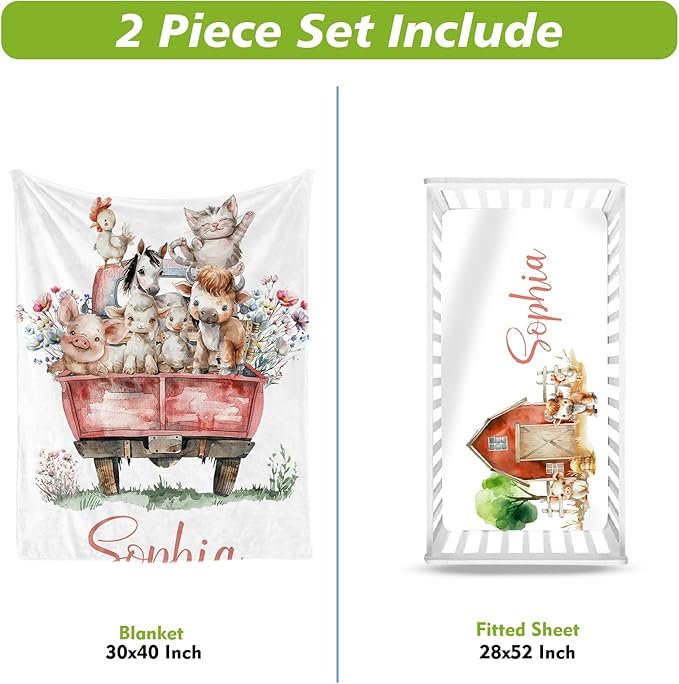 Personalized Baby Crib Bedding Set, Custom Name Animal Truck Theme Baby Bedding 2-Pcs Set-Soft Double Layer Dotted Blanket and Fitted Sheet, Nursery Bedding for Newborn Boys Girls, Perfect Shower Gift