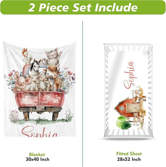 Personalized Baby Crib Bedding Set, Custom Name Animal Truck Theme Baby Bedding 2-Pcs Set-Soft Double Layer Dotted Blanket and Fitted Sheet, Nursery Bedding for Newborn Boys Girls, Perfect Shower Gift