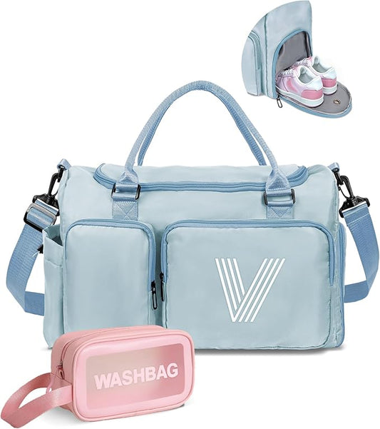 Elilier Girls Gift, Initial Gym Bag, Kids Travel Duffle Bag, Sports Bag, Personalized Weekender Bag, Overnight Bag, Light Blue, V