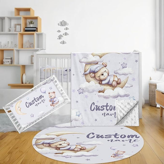 Custom Baby Bedding Set, 3 Pcs Personalized Name Crib Bedding Set for Nursery, Soft Double Layer Baby Crib Set for Boys Girls, Customized Gifts for New Parents Infants Toddlers, Purple Bear