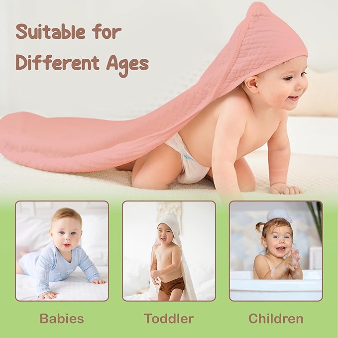 Organic Cotton Muslin Baby Hooded Towels - 32x32 Inch, 2 Pack Newborn Bath Towels for Boys & Girls, Soft & Absorbent Bath Set (Rose/Peach)