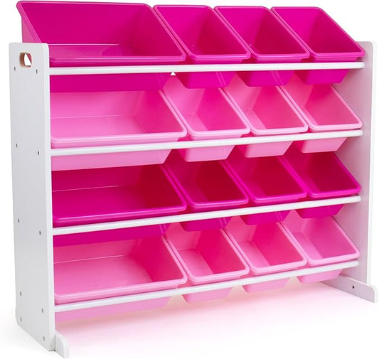 Humble Crew Supersized Toy Storage Organizer with 16 Removable Bins, White/Pink – Large Toy Storage for Toddlers Ideal for Kids' Rooms, Playrooms, and Nurseries - Modern Toy Bins for Kids