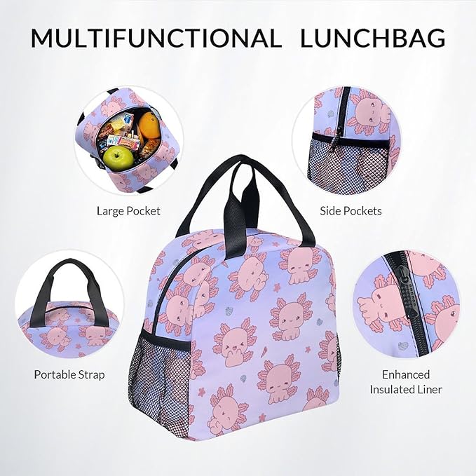COZYAURA Backpacks for Girls - 3Pcs Cute Bookbag for Kids - Axolotl School Bag for Girls - Kids Backpacks with Lunch Box Pencil Case Set