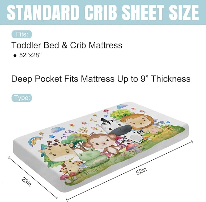Baby Jungle Safari Animals Tropical Leaves Flowers Baby Crib Sheet 52''x28'' Fitted Crib Mattress Cover for Boy Girl Nursery Bed Sheet Fits Standard Crib Toddler Mattress (Forest, One Size)