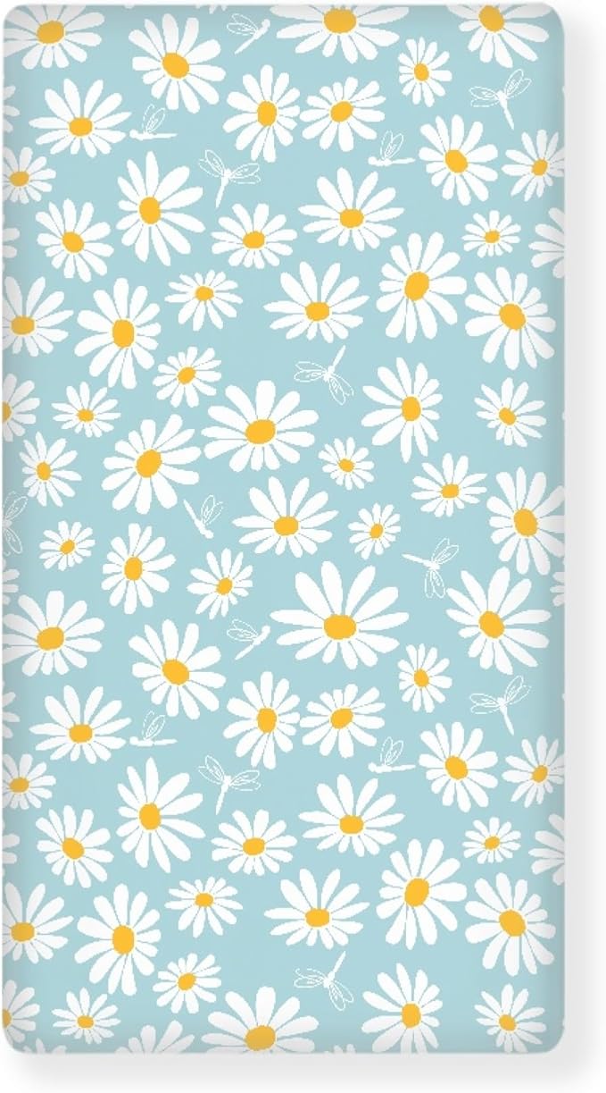 Daisy Flower with Dragonfly Fitted Crib Sheet for Girls Cute Floral Baby Sheet for Standard Crib and Toddler Blue White Nursery Bed Mattress Sheets 28"x52"