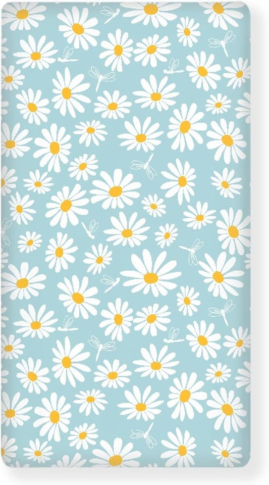 Daisy Flower with Dragonfly Fitted Crib Sheet for Girls Cute Floral Baby Sheet for Standard Crib and Toddler Blue White Nursery Bed Mattress Sheets 28"x52"