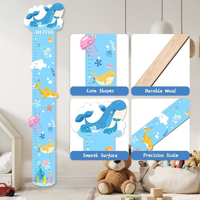 Woodemon Personalized Name Growth Chart, Marine Animals Wooden Growth Chart for Kids, Height Chart for Boys Girls, Measuring Board for Kids Height for Child's Room, Nursery Decor Decoration