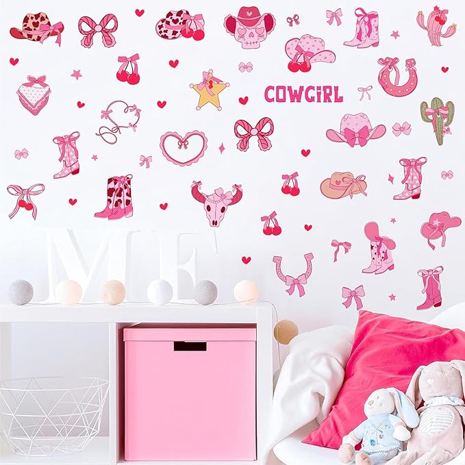 Cowgirl Stickers for Wall Cowgirl Balloon Arch Decoration Vinyl Decals Pink Girls Room Wall Decal Peel and Stick Western Hat Boot Sticker Retro Cherry Bow Art Murals for Kids Bedroom Farmhouse Gifts