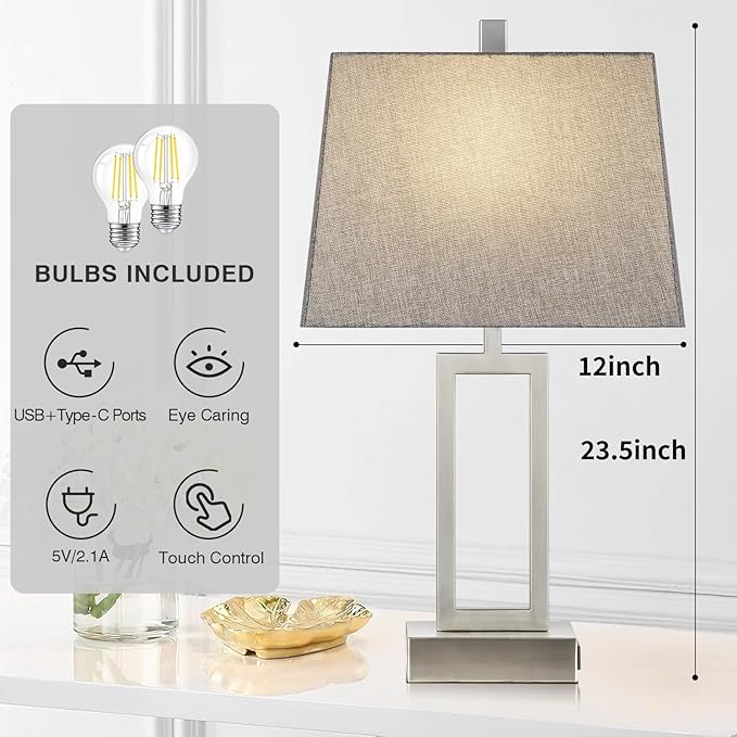 Lolikit 23.5" Touch Control Table Lamps, Metal Bedside Lamp for Bedroom Set of 2 with USB A+C Ports & AC Outlet, 3-Way Dimmable Nightstand Lamp for Living Room (LED Bulb Included)