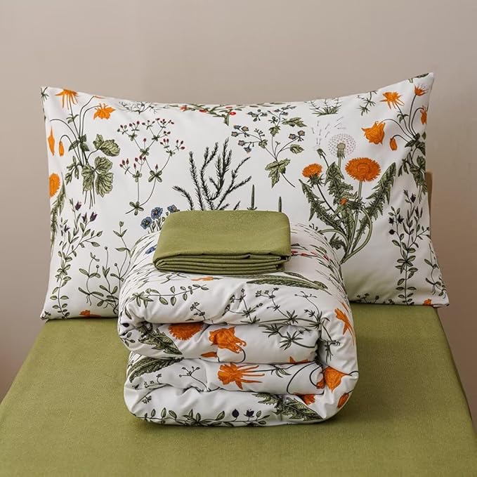 CLOTHKNOW 4 Pieces Floral Toddler Bedding Sets for Grils, Green Leaves Pattern on White, Soft Crib Bed Set Including Comforter, Flat Sheet, Fitted Sheet and Pillowcase, Green White