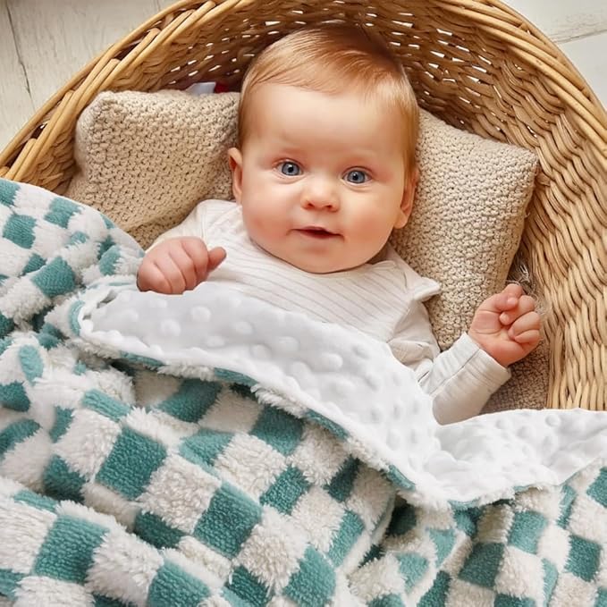 Soft Checkered Baby Blankets for Unisex Girls or Boys Breathable Gender Neutral Nursery Double Layer Blankets with Dotted Backing for Newborn Toddlers (30” X 40”)