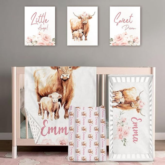 Personalized Baby Crib Bedding Set: 4 Piece Custom Gift Crib Bed Set with Name - Pink Highland Cow Design, Nursery Bedding Set for Baby Girls,Newborn Girls Crib Sets, Crib Bedding Shower Gifts