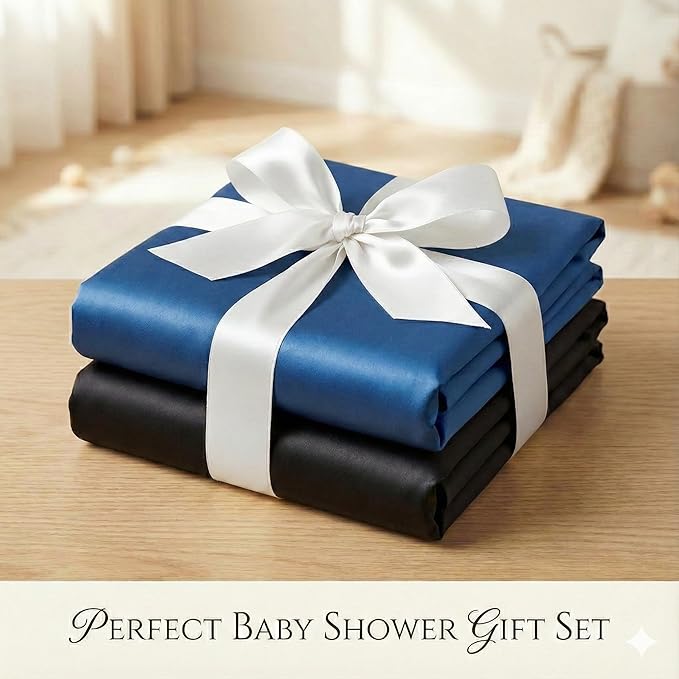 Pro Goleem Satin Mini Crib Sheets 2 Pack, Blue & Black Silky Soft Fitted Sheet for Baby Hair Protection, 38"x24"x5" Breathable Mattress Cover Compatible with Pack n Play & Portable Crib