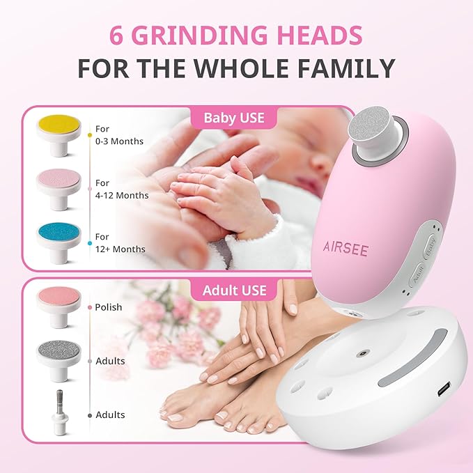 AIRSEE Premium Newborn Gift Electric Baby Nail File, Cordless Safe Nail Trimmer for Infant, 6 Replacement Heads with Magnetic Storage Case, 360° Light, Baby Clipper, Christmas, Candy Pink