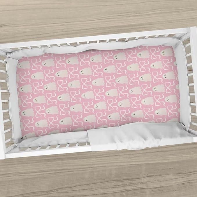 Halloween Spooky Pink Bows Baby Crib Sheets Cute Pastel Bows Soft Crib Sheet Spooky Season Fitted Crib Mattress Cover for Standard Crib and Toddler Mattresses 52"x28"